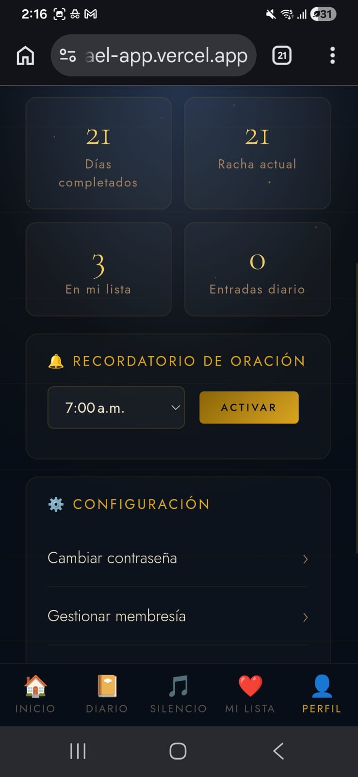 Diario espiritual dentro de la aplicación